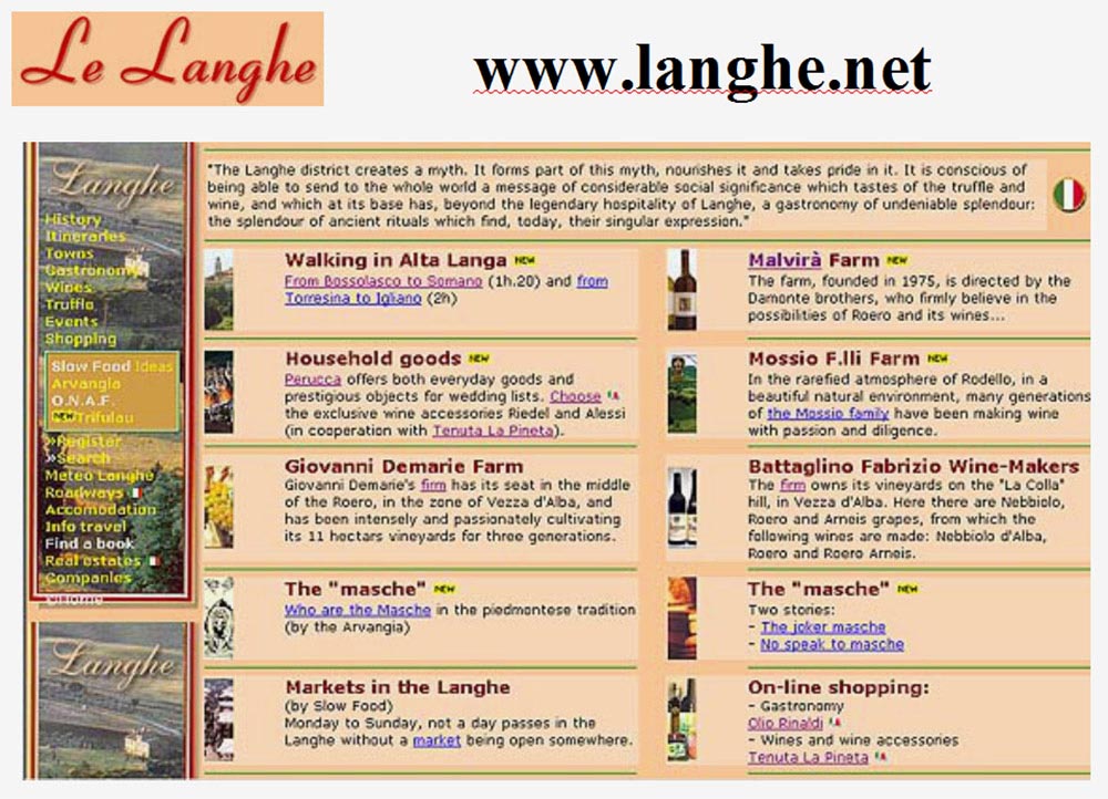 La prima homepage di Langhe.net nell'anno 1998