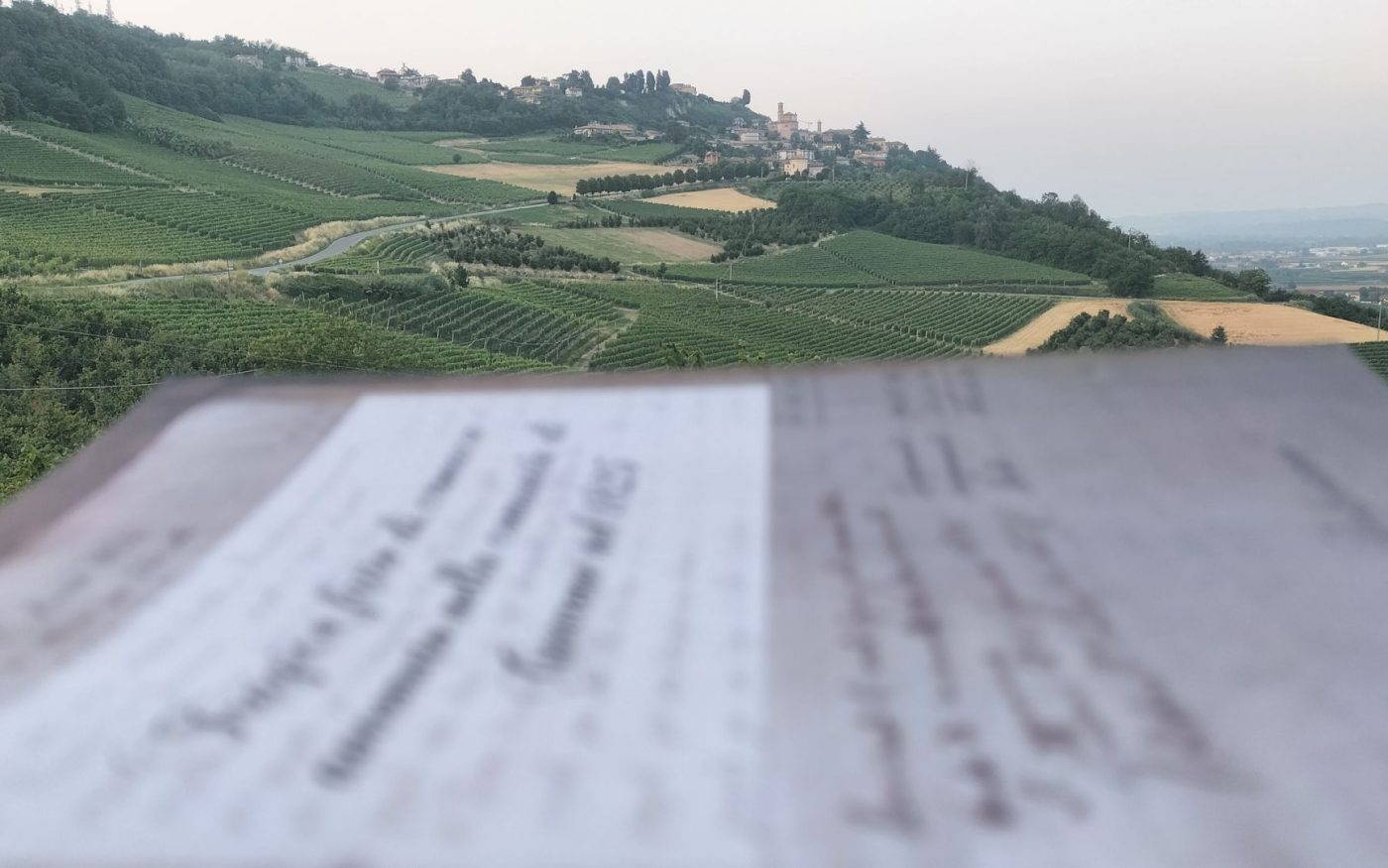 The cover of the book with the village of Guarene in the background
