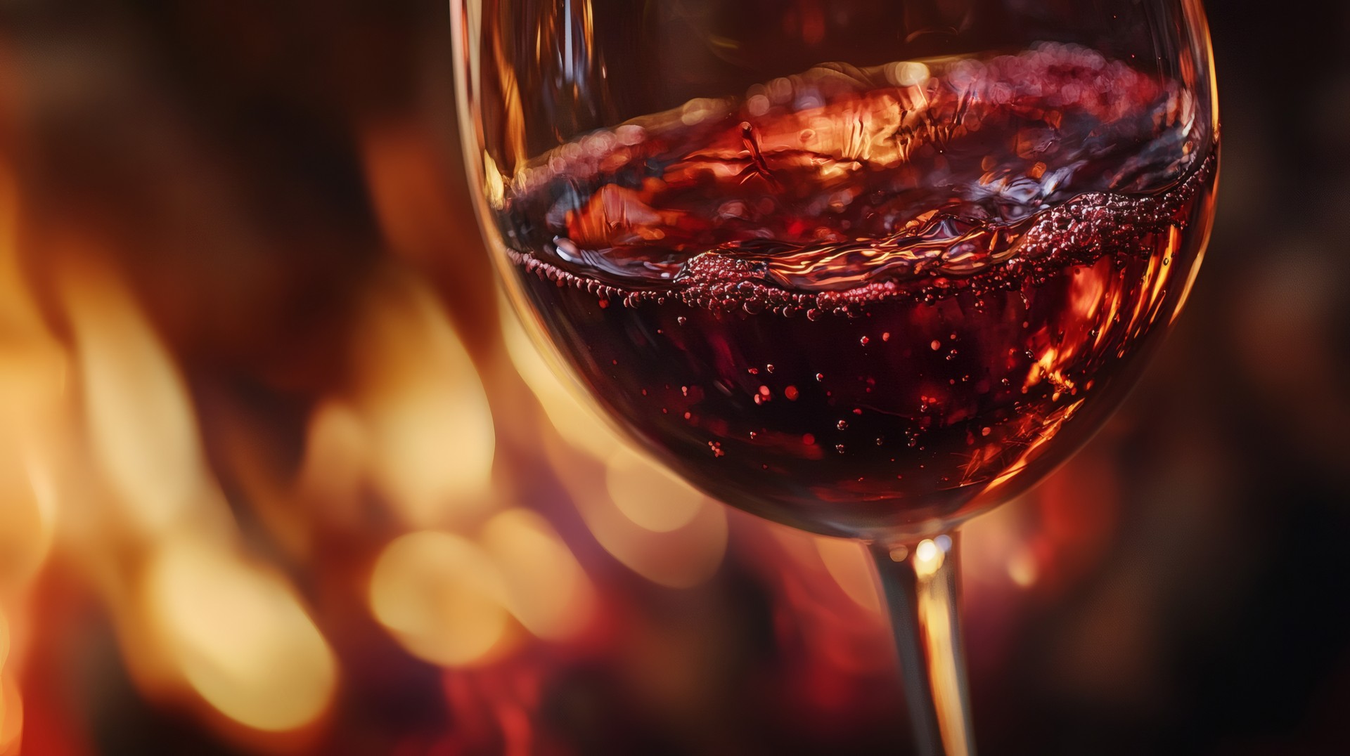 Red Wine Glass with Bubbles Against Warm Cozy Fireplace Background